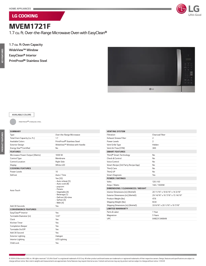 Page 1 de la notice Fiche technique LG MVEM1721F