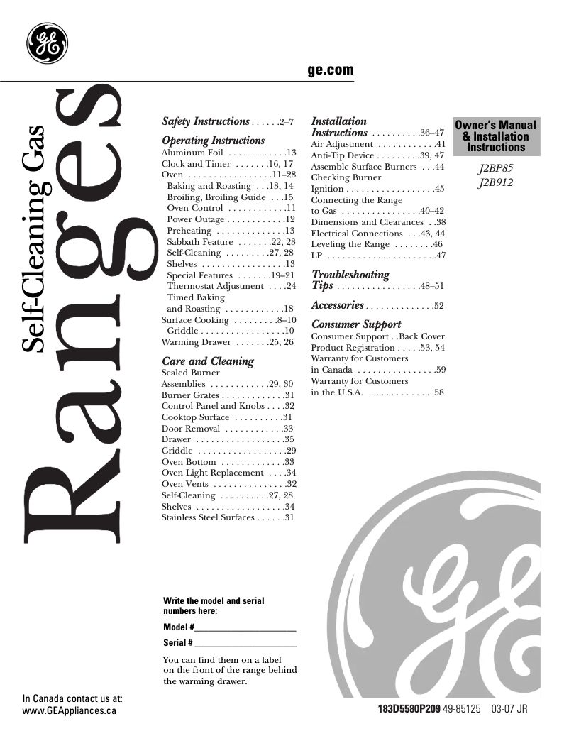 Page n°1 - Manuel d'utilisation et d'entretien GE J2BP85WELWW