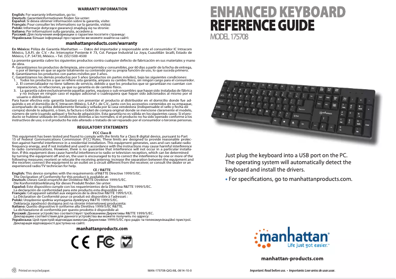 Page 1 de la notice Manuel utilisateur Manhattan Enhanced Keyboard 175708