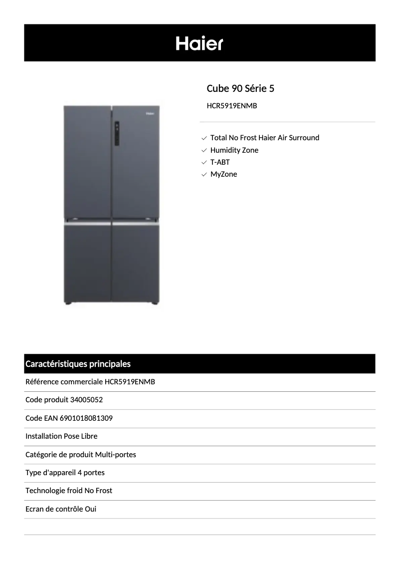 Page n°1 - Fiche technique Haier HCR5919ENMB