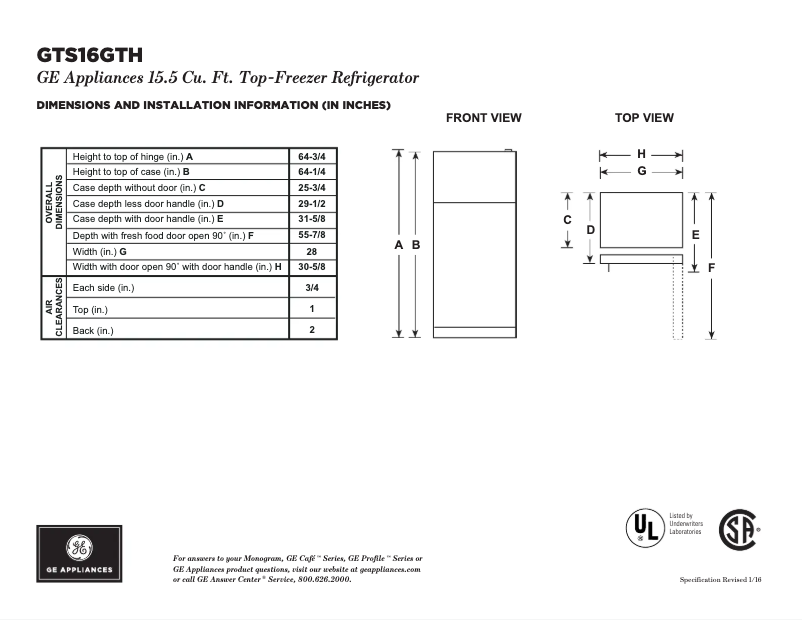 Page n°1 - Fiche technique GE GTS16GTHBB