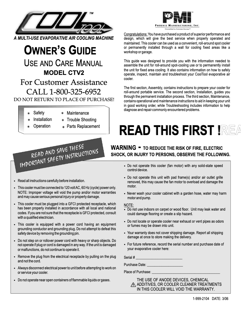 Page 1 de la notice Manuel utilisateur Evapcool CoolTool CTV21