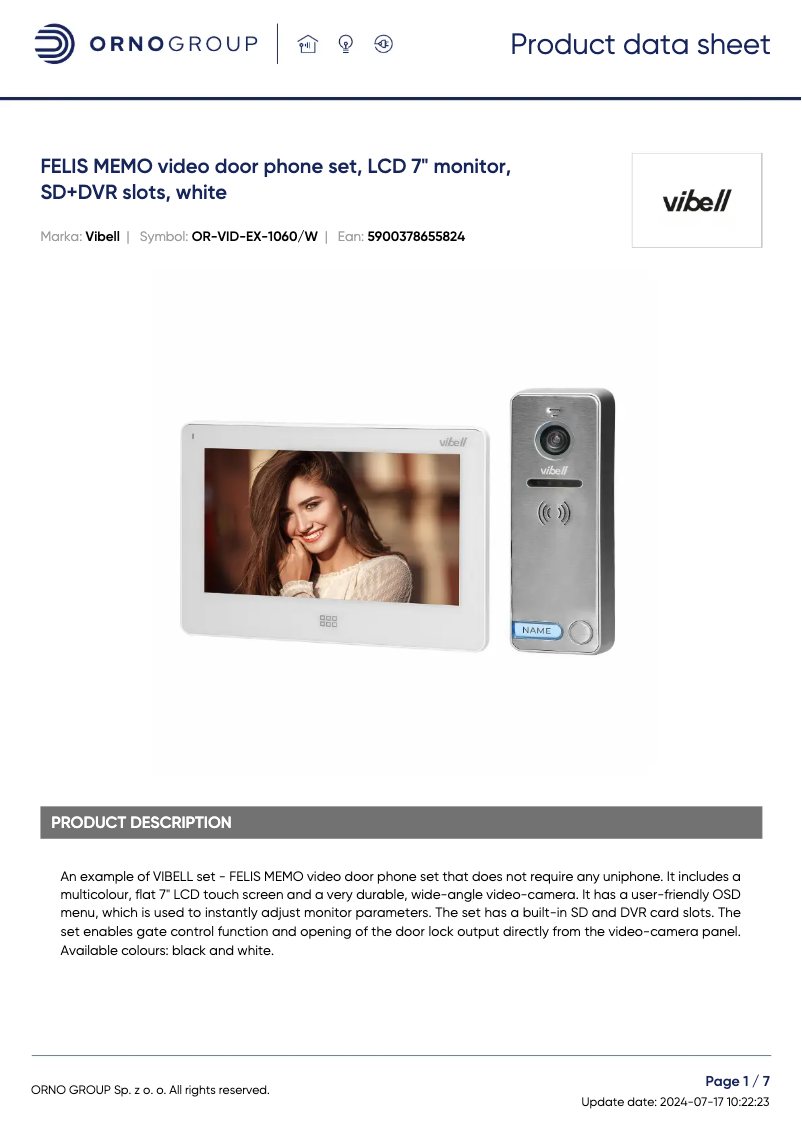 Page 1 de la notice Fiche technique Vibell OR-VID-EX-1060