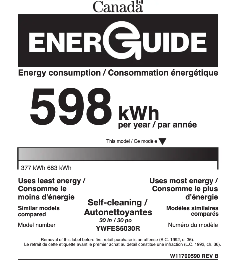 Page 1 de la notice Label énergétique Whirlpool YWFES5030RB