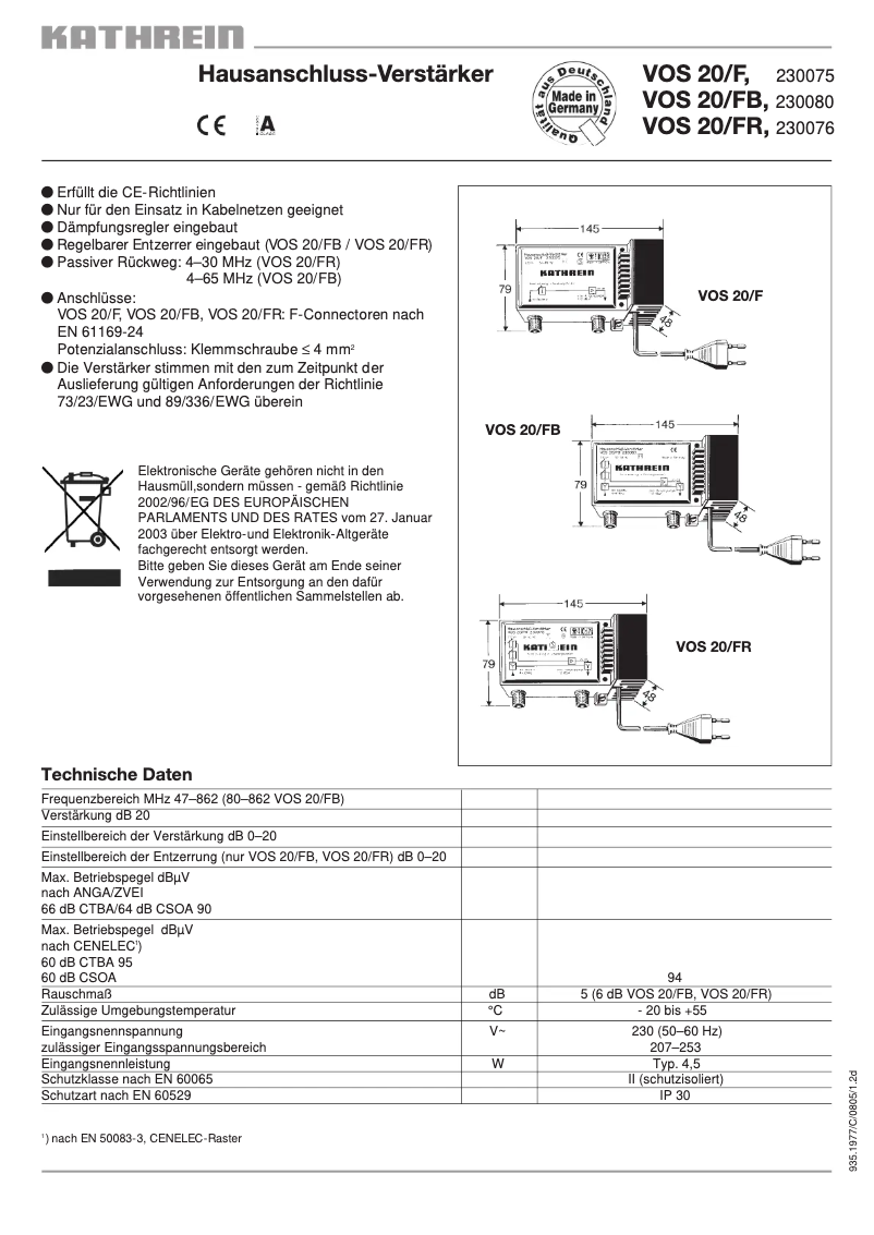 Page 1 de la notice Manuel utilisateur Kathrein VOS 20/FR