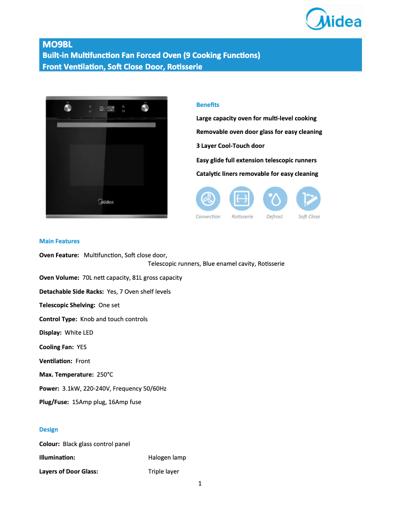 Page 1 de la notice Fiche technique Midea MO9BL
