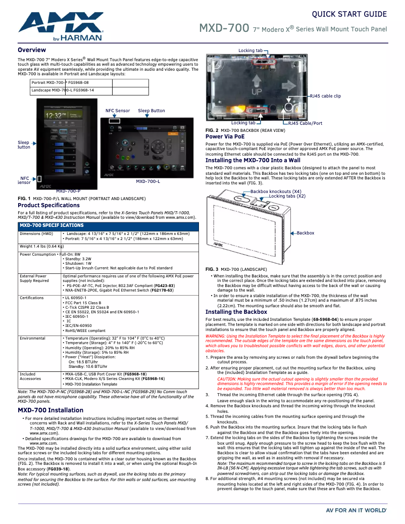 Page 1 de la notice Guide de démarrage rapide AMX Modero X MXD-700