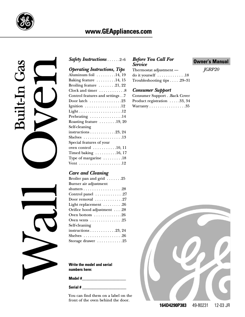 Page 1 de la notice Manuel utilisateur GE JGRP20WEJW