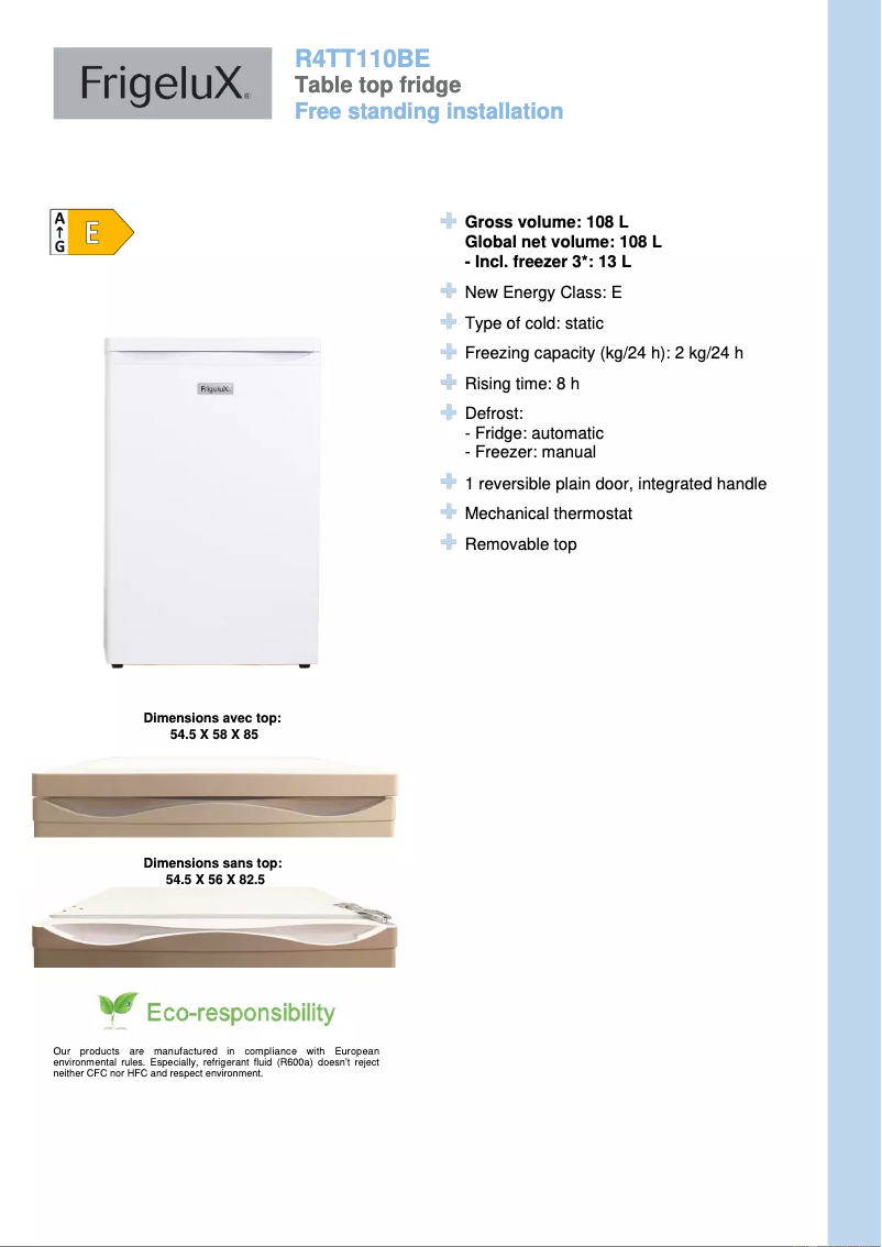 Page n°1 - Fiche technique FrigeluX R4TT110BE