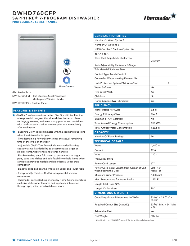 Page n°1 - Fiche technique Thermador DWHD760CFP