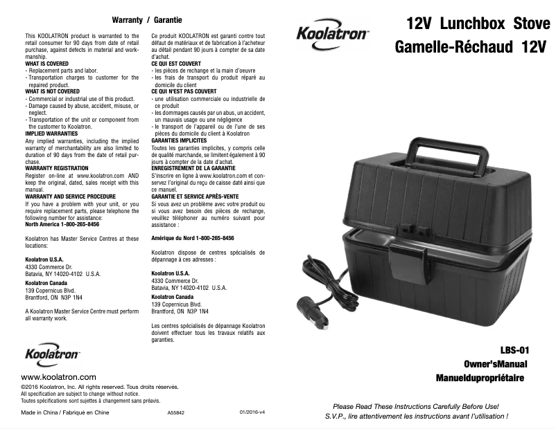 Page n°1 - Manuel utilisateur Koolatron LBS-01