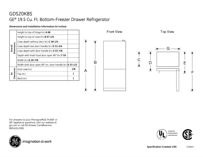 Page 1 de la notice Fiche technique GE GDS20KBSCC