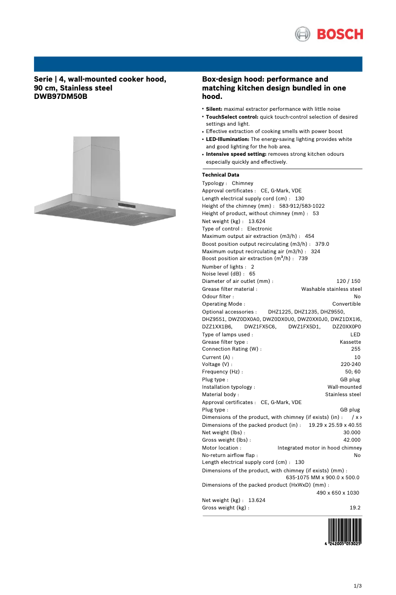 Page 1 de la notice Fiche technique Bosch DWB97DM50B