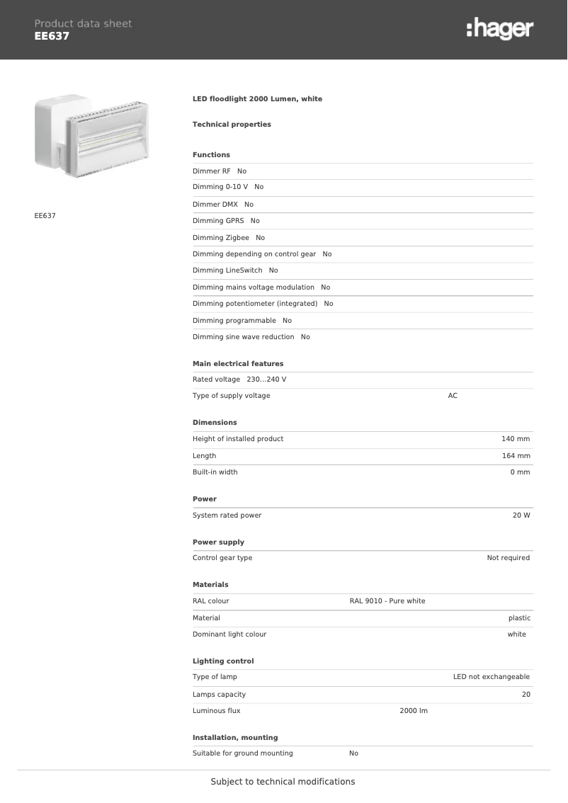Page n°1 - Fiche technique Hager EE637
