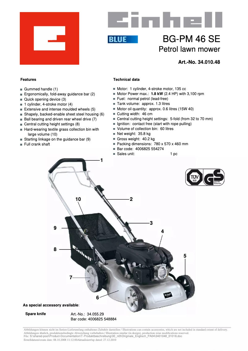 Page 1 de la notice Fiche technique Einhell BG-PM 46 SE