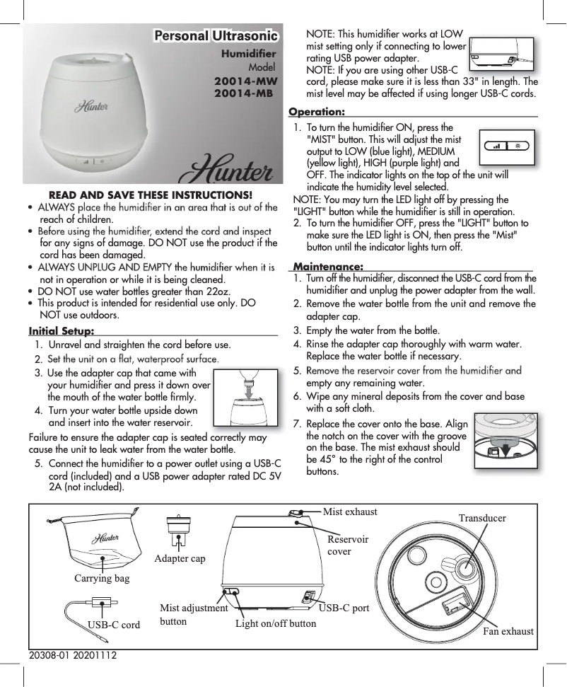 Página 1 del manual Manual de usuario Hunter 20014-MW