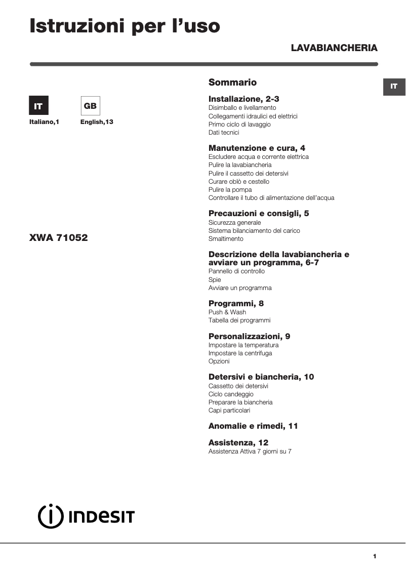 Image de la première page du manuel de l'appareil XWA 71052X WWGG IT