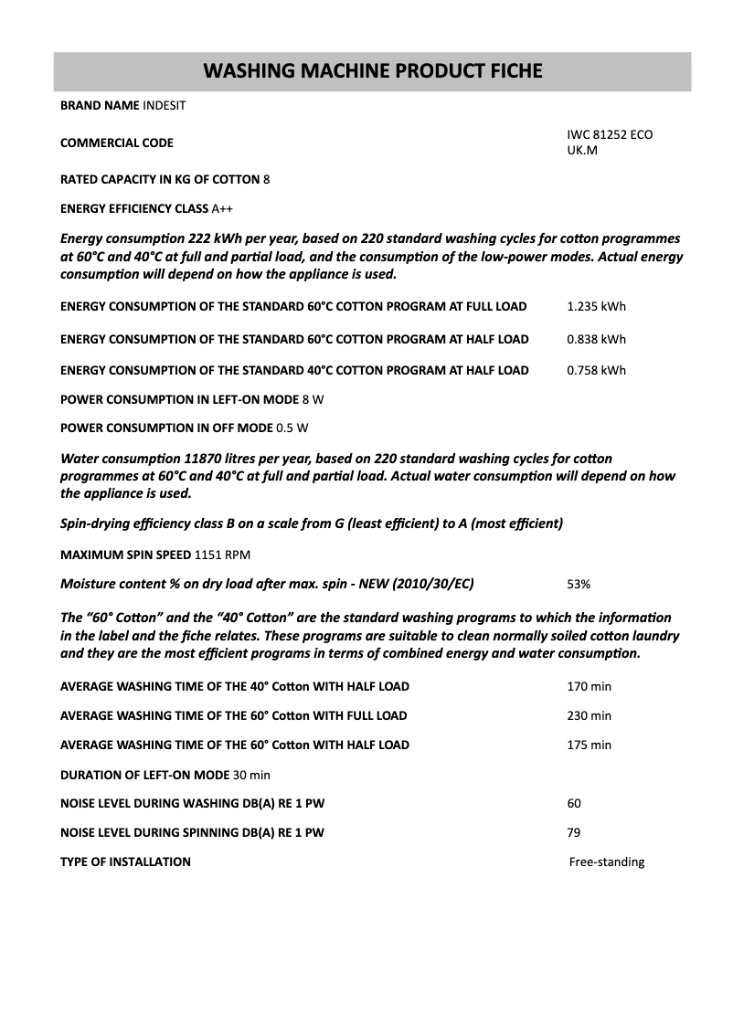 Page 1 de la notice Fiche technique Indesit IWC 81252 ECO UK.M