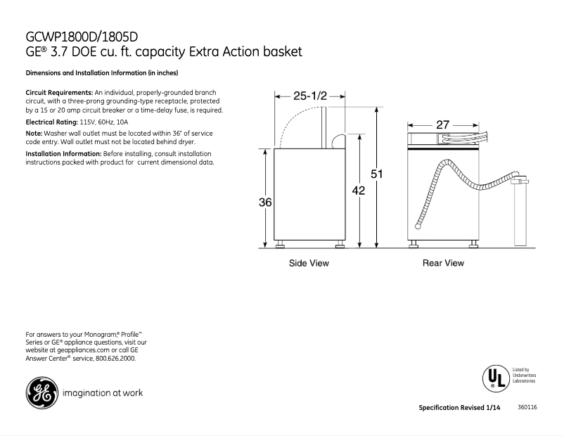 Page 1 de la notice Fiche technique GE GCWP1800DWW