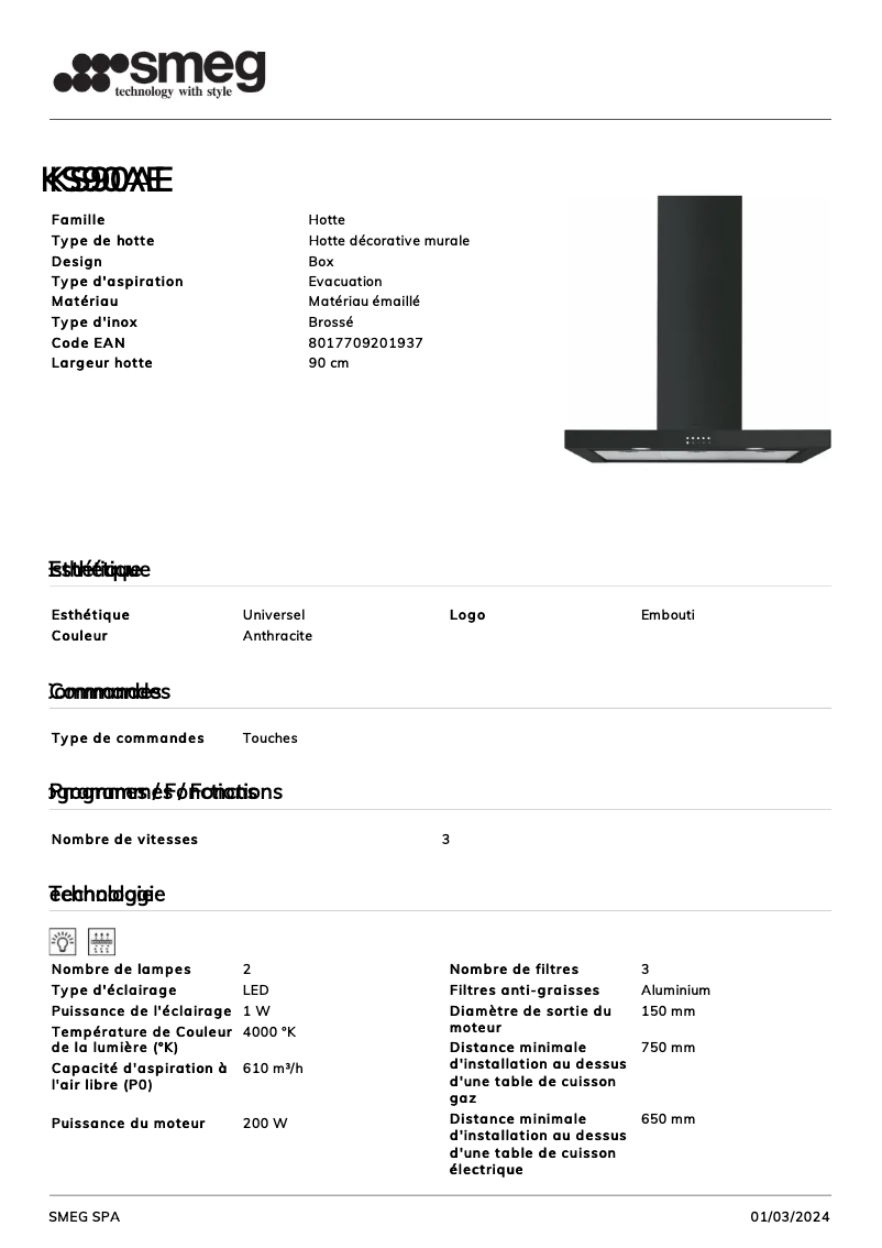 Page 1 de la notice Fiche technique Smeg KS90AE