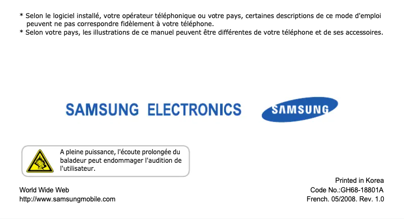 Page 1 de la notice Manuel utilisateur Samsung SGH-D780