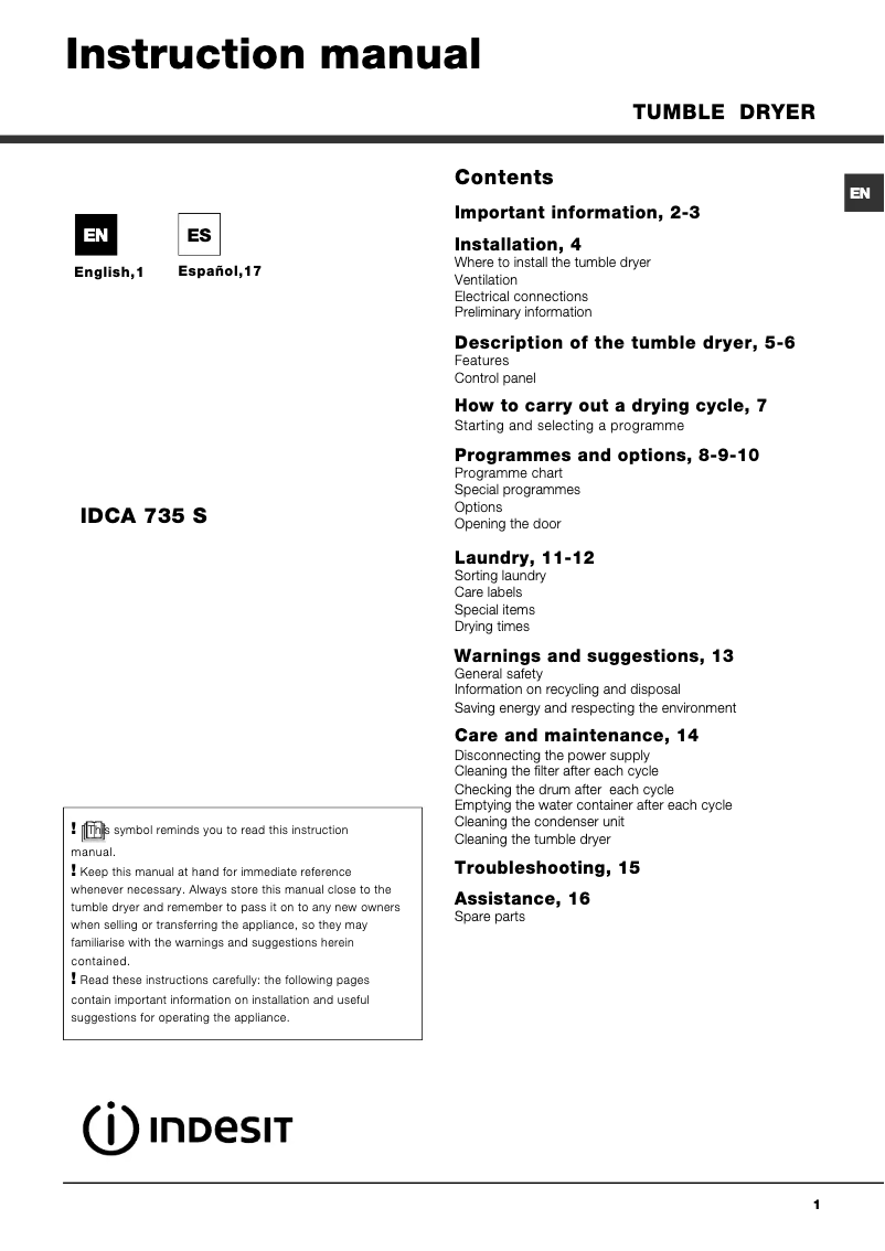 Page n°1 - Manuel utilisateur Indesit IDCA 735 S (EU)