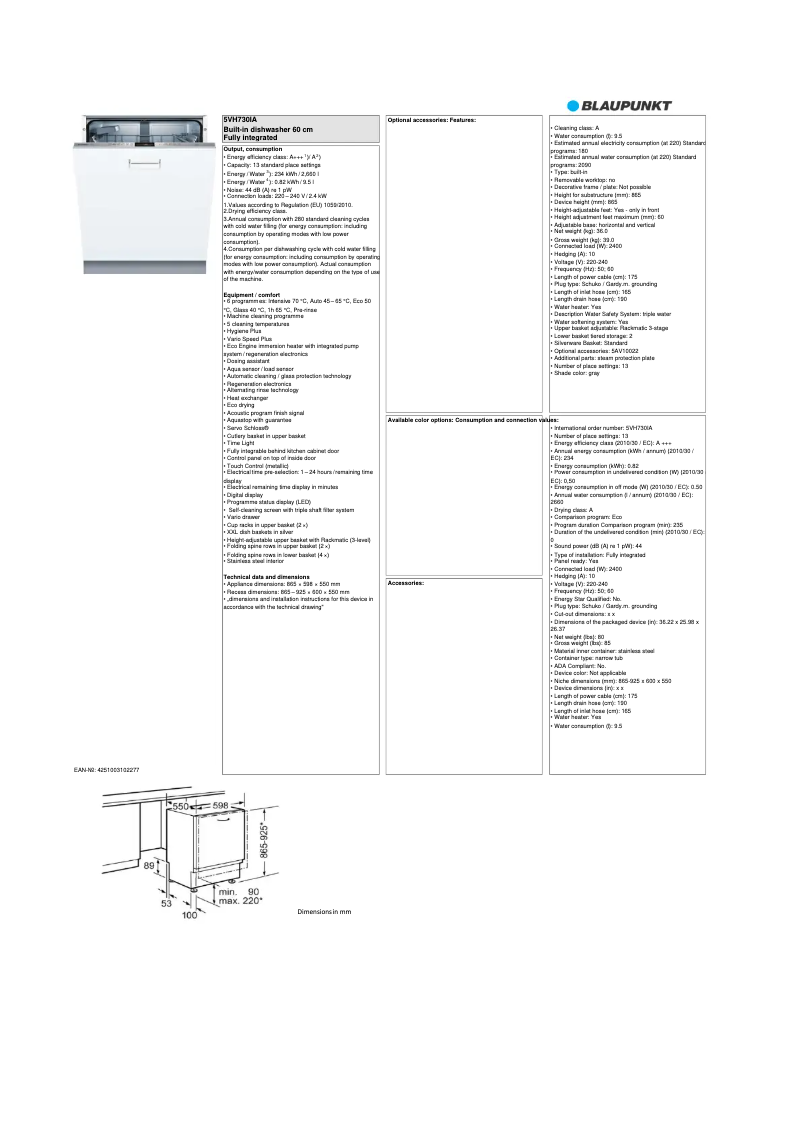 Page 1 de la notice Fiche technique Blaupunkt 5VH 703NP