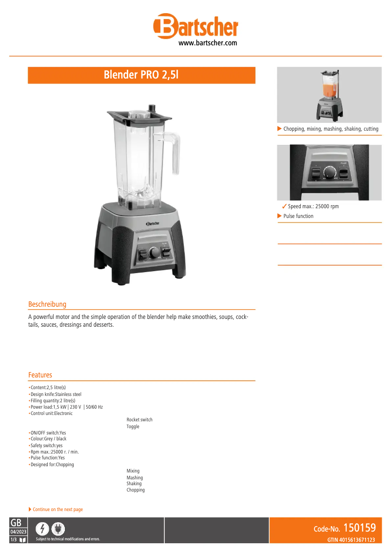 Page n°1 - Fiche technique Bartscher 300412