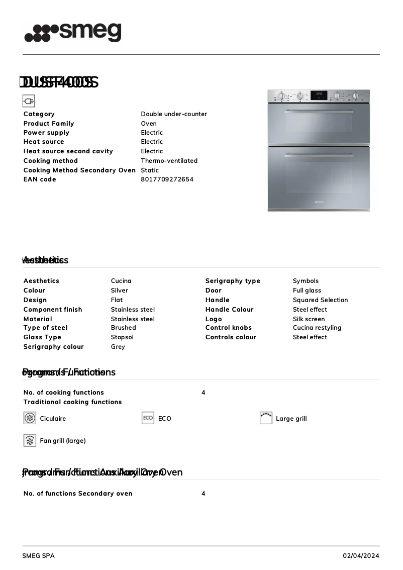 Page 1 de la notice Fiche technique Smeg DUSF400S