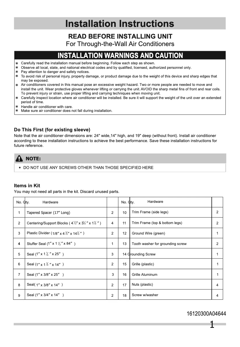 Page n°1 - Guide d'installation Frigidaire FFTH1022R2