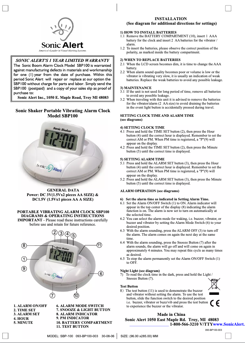 Page 1 de la notice Manuel utilisateur Sonic Alert SBP100