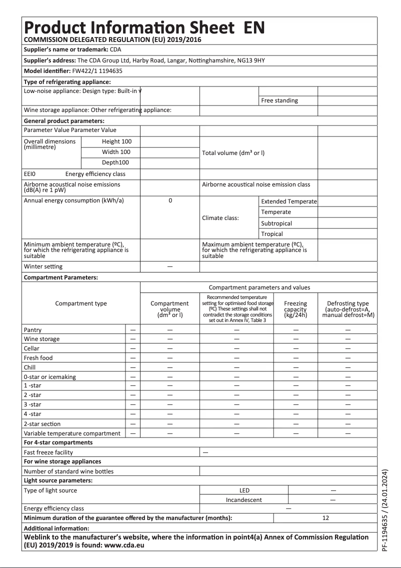 Page n°1 - Fiche technique CDA FW422