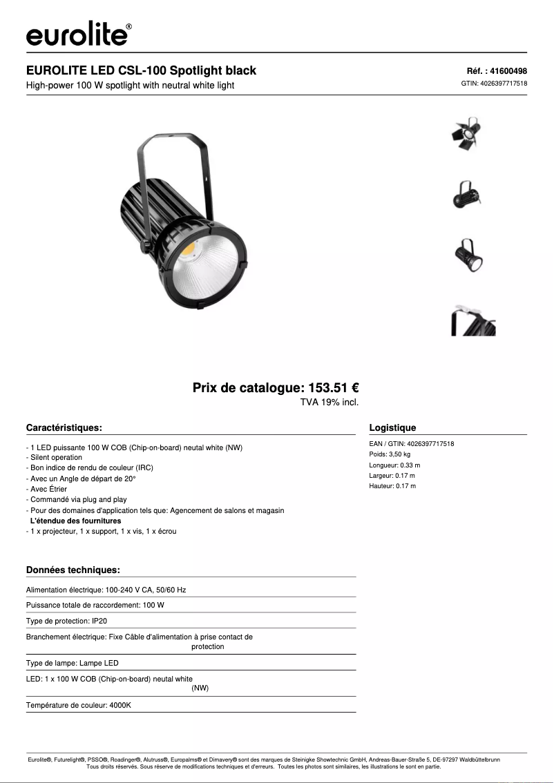 Page 1 de la notice Fiche technique Eurolite LED CSL-100
