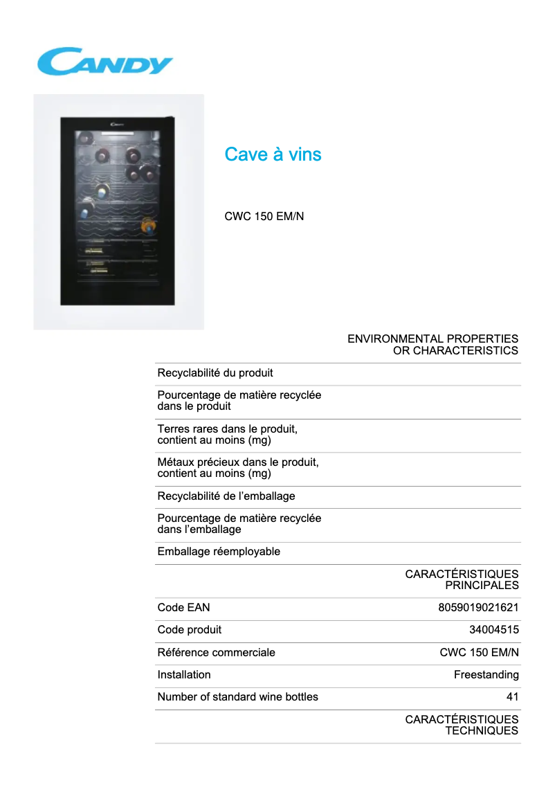 Page 1 de la notice Fiche technique Candy CWC 150 EM/N