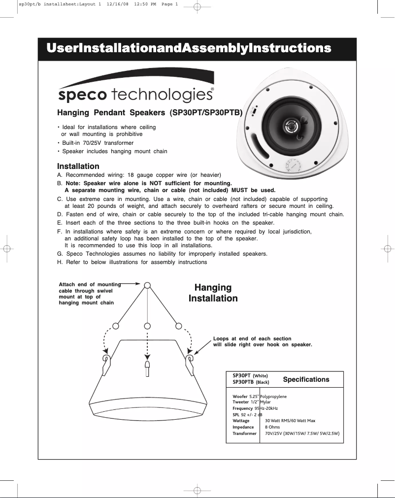 Page 1 de la notice Manuel utilisateur Speco Technologies SP30PTB