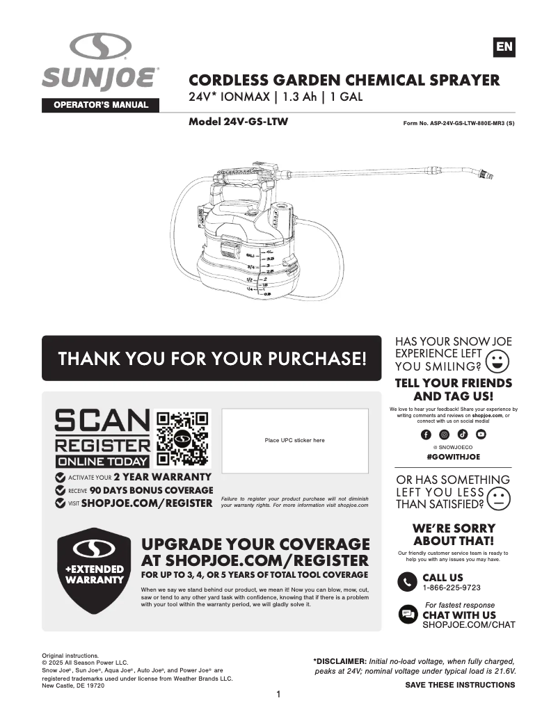 Page 1 de la notice Manuel utilisateur Sun Joe 24V-GS-LTW