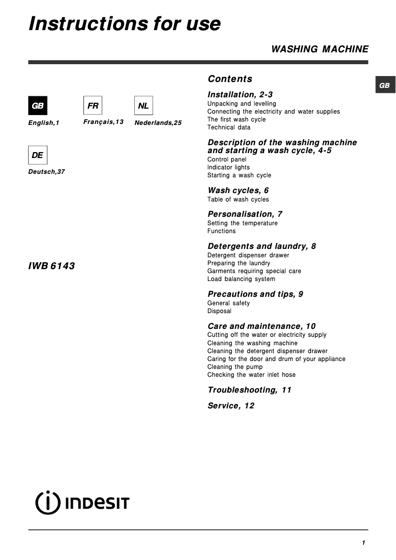 Page 1 de la notice Manuel utilisateur Indesit IWB 6143