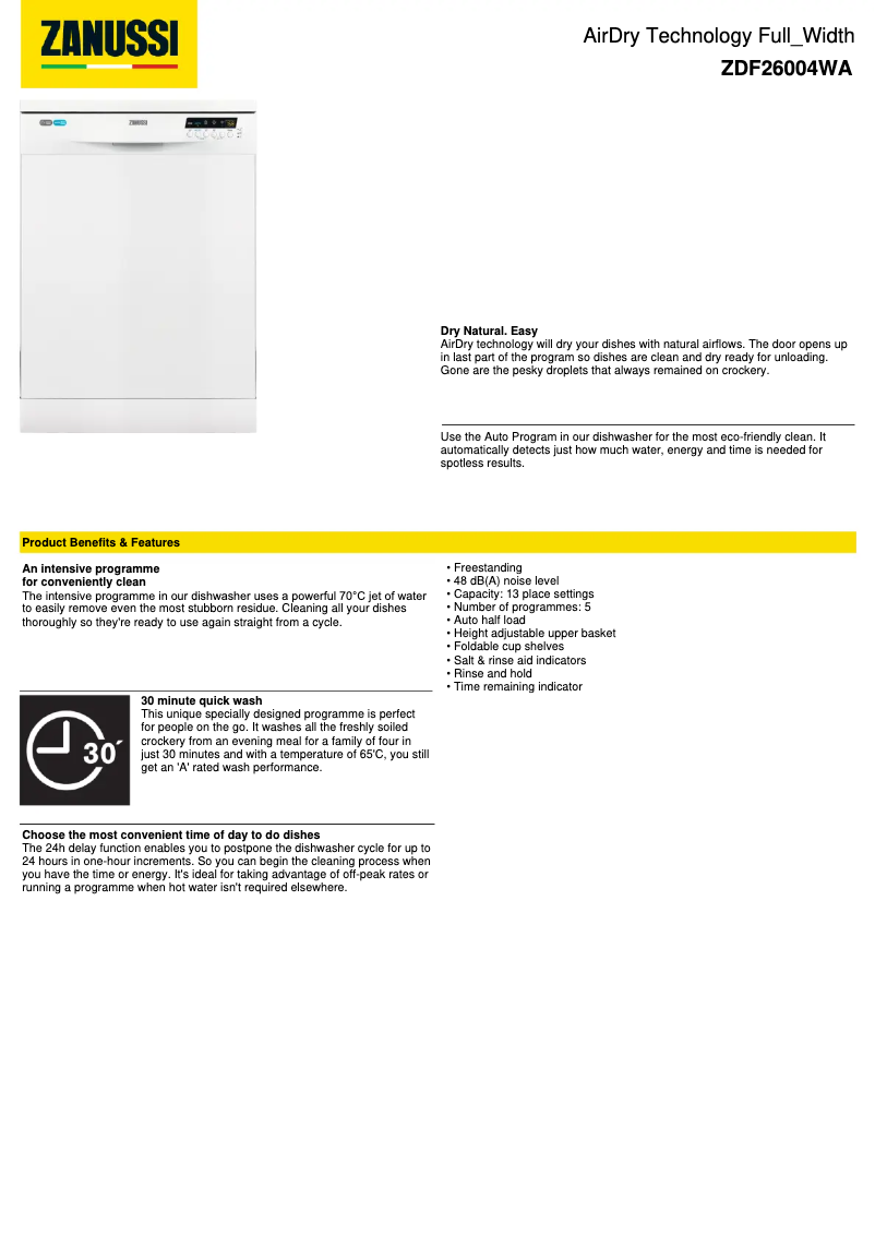 Page n°1 - Fiche technique Zanussi ZDF26004WA