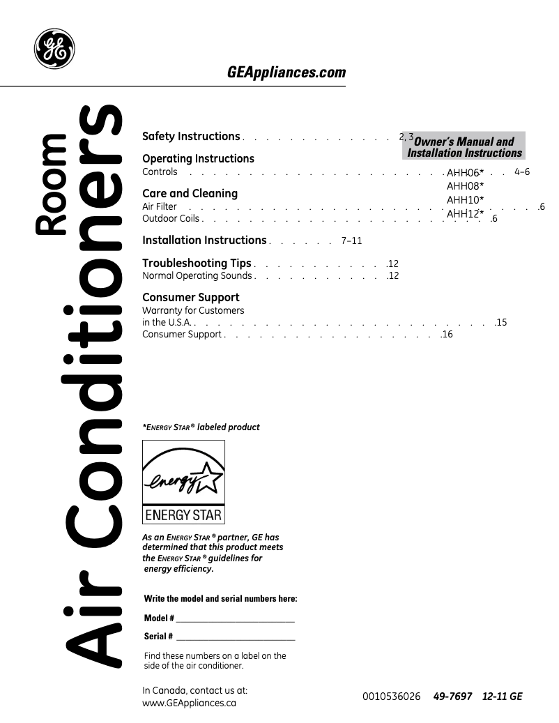 Page 1 de la notice Manuel d'utilisation et d'entretien GE AHH08LQ