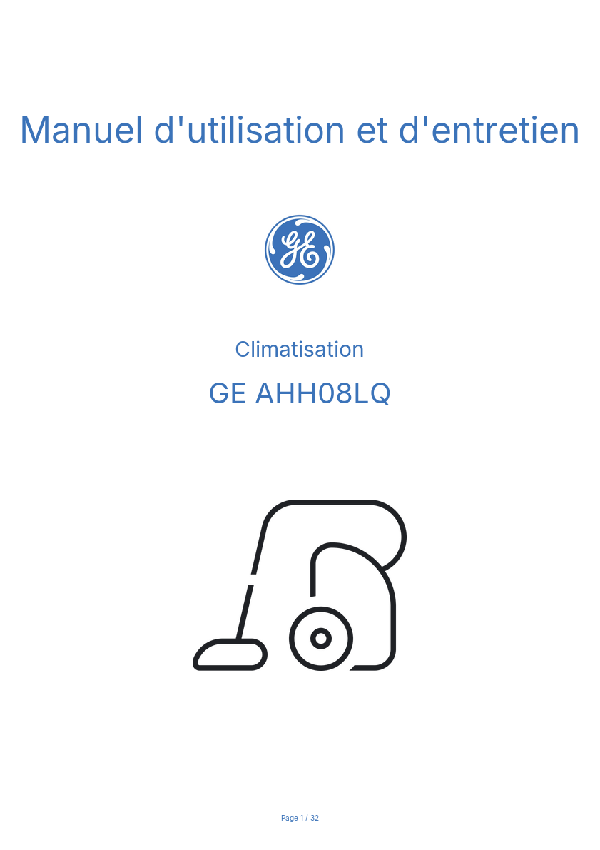 Page n°1 - Manuel d'utilisation et d'entretien GE AHH08LQ