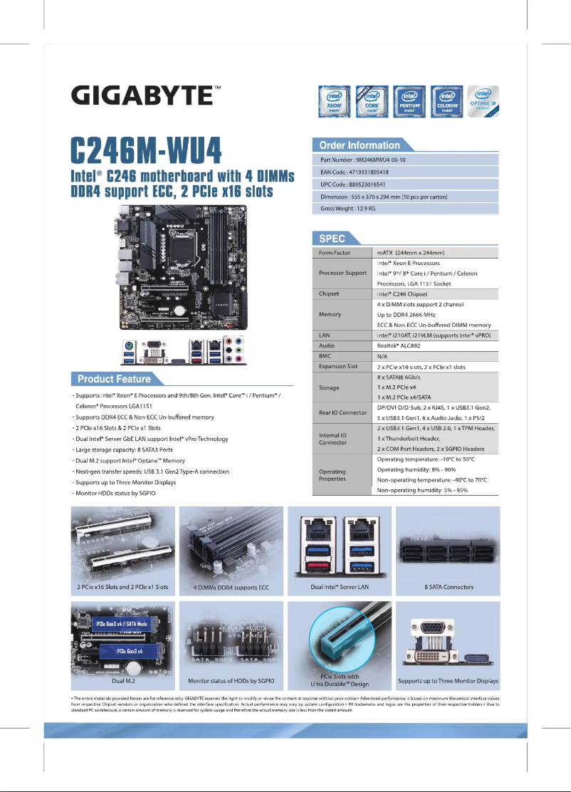 Page 1 de la notice Fiche technique Gigabyte C246M-WU4