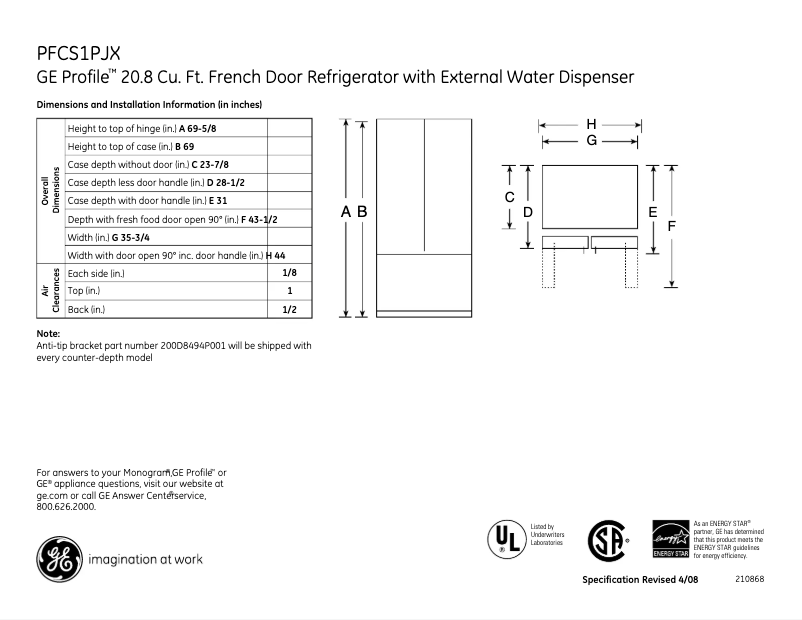 Page 1 de la notice Fiche technique GE PFCS1PJXSS