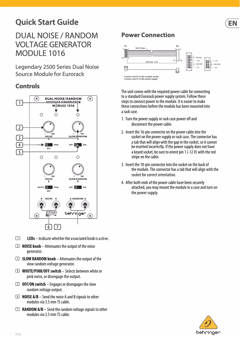 Page n°1 - Guide de démarrage rapide Behringer Dual Noise/Random Voltage Generator Module 1016
