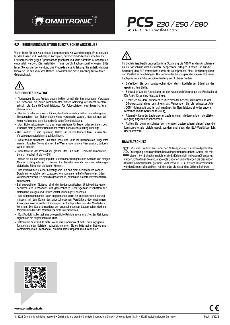 Page n°1 - Manuel utilisateur Omnitronic PCS-250