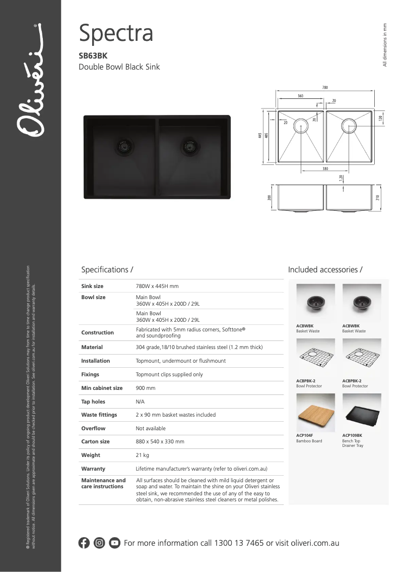 Page 1 de la notice Fiche technique Oliveri SB63BK