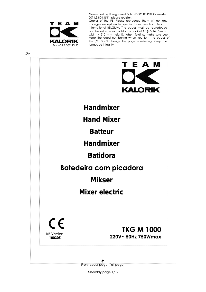 Page 1 de la notice Manuel utilisateur Kalorik TKG M 1000