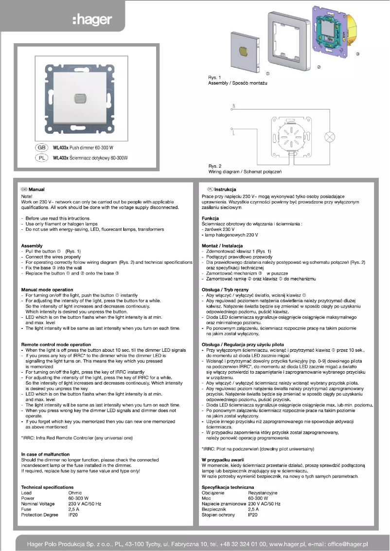 Page n°1 - Manuel utilisateur Hager WL4030