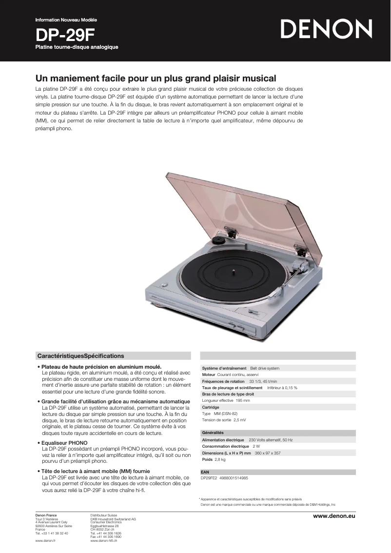 Page 1 de la notice Fiche technique Denon DP-29F