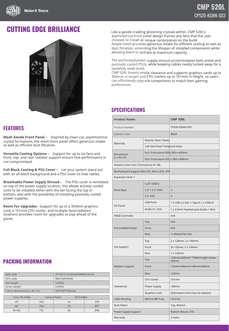 Page 1 de la notice Fiche technique Cooler Master CMP 520L