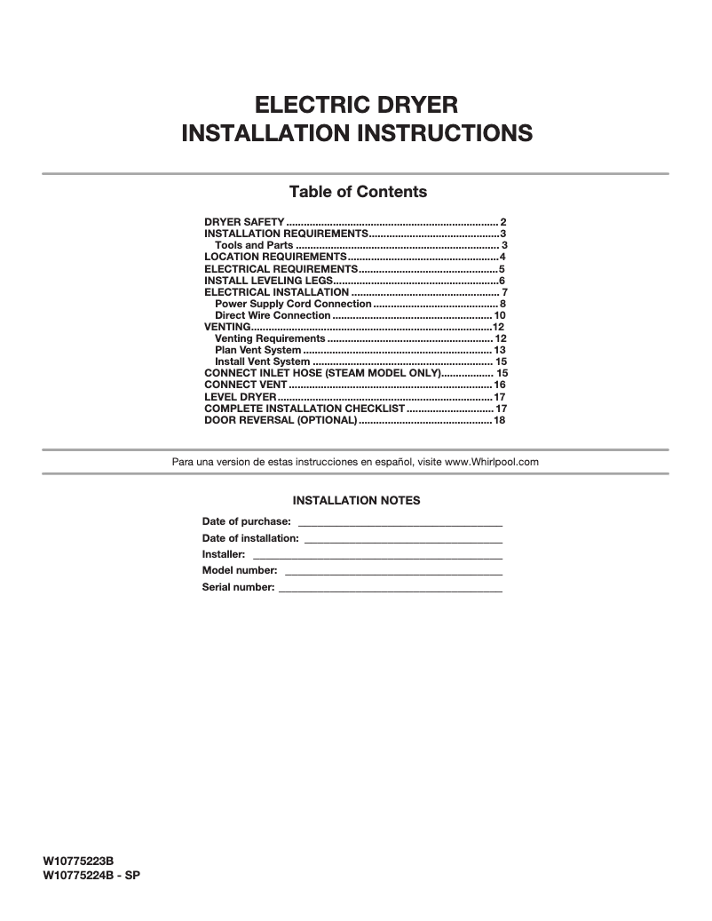 Page n°1 - Guide d'installation Whirlpool WED75HEF